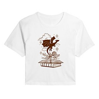 Juniors' Dragon & Book Fantasy Cropped Tee