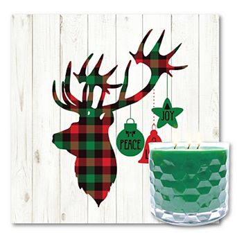 COURTSIDE MARKET Deer Plaid Wall Art & Evergreen 13.5-oz. Scented Candle Jar Set