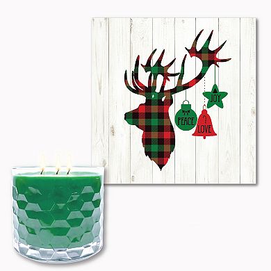 COURTSIDE MARKET Deer Plaid Wall Art & Evergreen 13.5-oz. Scented Candle Jar Set