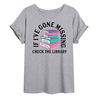 Juniors' If I've Gone Missing, Check The Library Oversized Tee