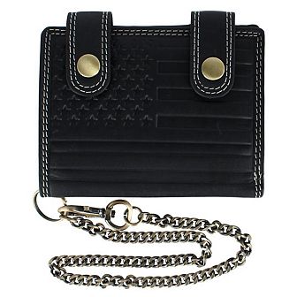 CTM Men's Leather American Flag Bifold Chain Wallet with Snap Closure
