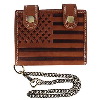 CTM Men's Leather American Flag Bifold Chain Wallet with Snap Closure