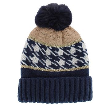 CTM Women's Knit Houndstooth Pattern Winter Beanie Hat with Pom