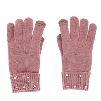 CTM Women's Embellished Knit Winter Beanie and Touchscreen Glove Set