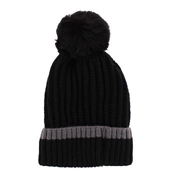 CTM Women's Ribbed Knit Stripe Winter Beanie Hat with Pom