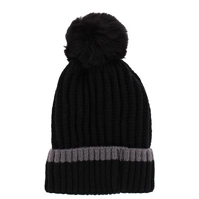 Pom Pom ribbed knit striped beanie hat Rib Knit Hat, Toffee Stripe – SpearmintLOVE main image 2