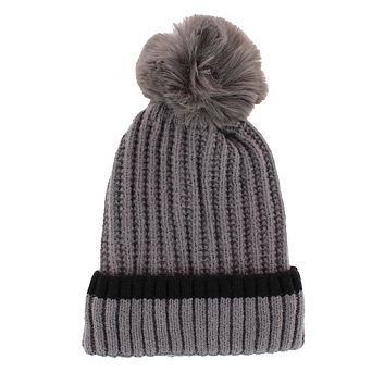 CTM Women's Ribbed Knit Stripe Winter Beanie Hat with Pom