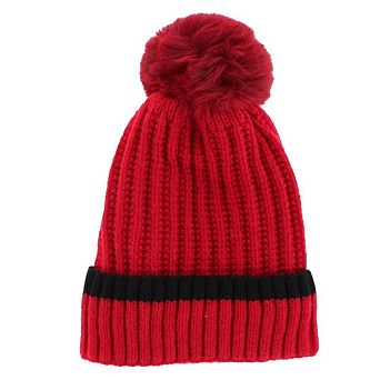 CTM Women's Ribbed Knit Stripe Winter Beanie Hat with Pom