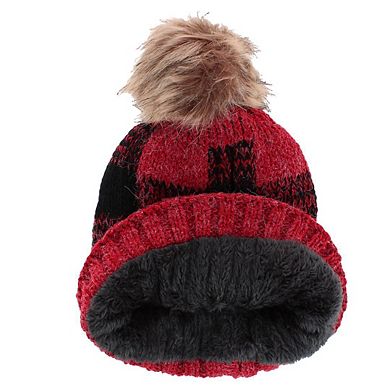 CTM Women's Buffalo Plaid Knit Winter Beanie Hat with Synthetic Pom