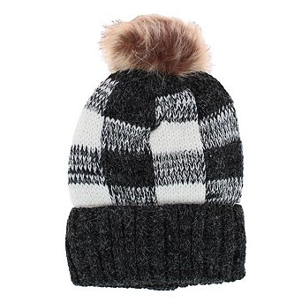 CTM Women's Buffalo Plaid Knit Winter Beanie Hat with Synthetic Pom