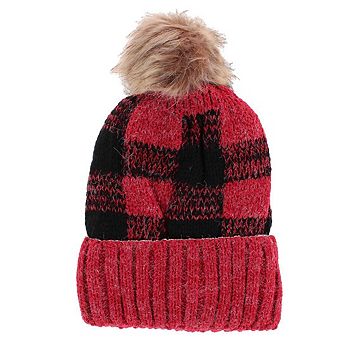 CTM Women's Buffalo Plaid Knit Winter Beanie Hat with Synthetic Pom