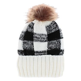 CTM Women's Buffalo Plaid Knit Winter Beanie Hat with Synthetic Pom