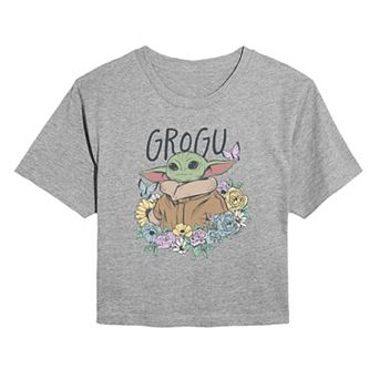Juniors' Star Wars The Mandalorian Grogu Floral Cropped Tee