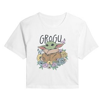 Juniors' Star Wars The Mandalorian Grogu Floral Cropped Tee