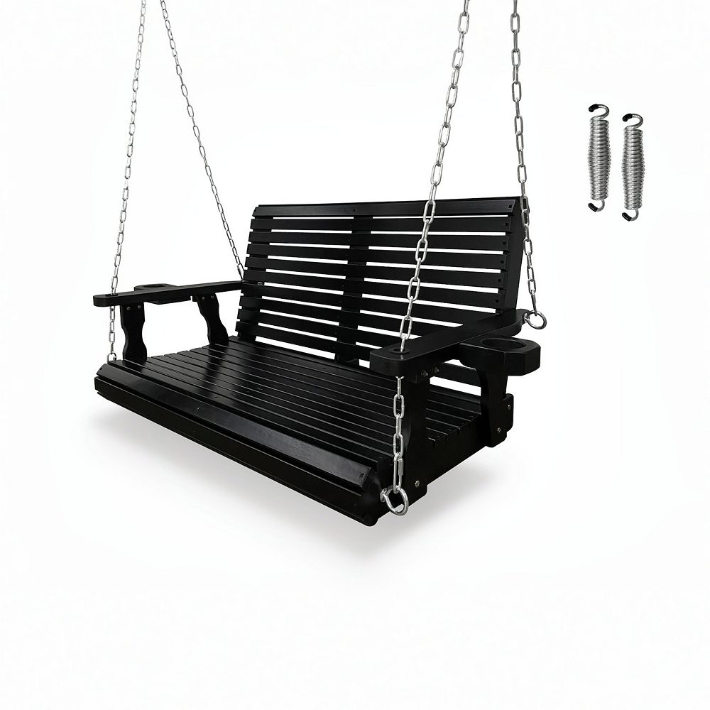 Wooden Porch Swing 2-Seater, Bench Swing with Cupholders for Outdoor ...