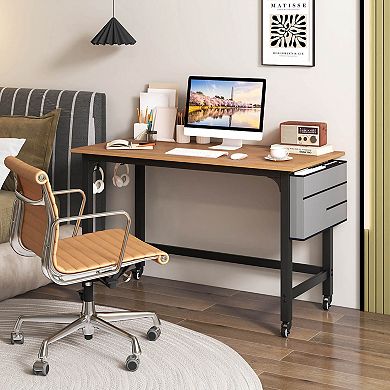 Costway Rolling Computer Desk Metal Frame PC Laptop Table Wood Top Study Workstation