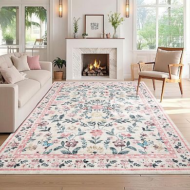 Floral Washable Rug for Living Room, Non-Slip Floor Mats, Stain-Resistant Soft Faux Wool Carpet