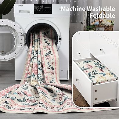 Floral Washable Rug for Living Room, Non-Slip Floor Mats, Stain-Resistant Soft Faux Wool Carpet