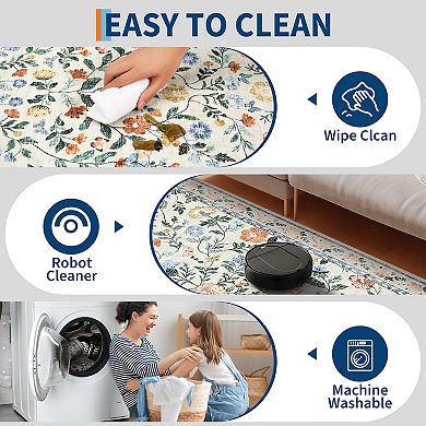 Floral Washable Rug for Living Room, Non-Slip Floor Mats, Stain-Resistant Soft Faux Wool Carpet