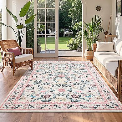 Floral Washable Rug for Living Room, Non-Slip Floor Mats, Stain-Resistant Soft Faux Wool Carpet