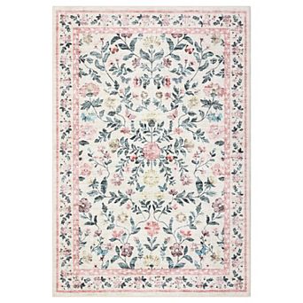 Floral Washable Rug for Living Room, Non-Slip Floor Mats, Stain-Resistant Soft Faux Wool Carpet