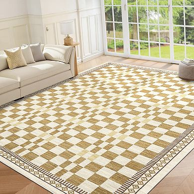 Checkered Machine Washable Rugs for Living Room Non Shedding Modern Geometric Indoor Carpet
