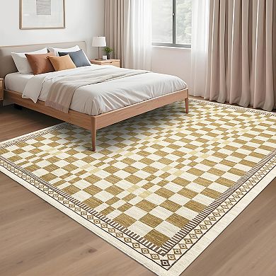 Checkered Machine Washable Rugs for Living Room Non Shedding Modern Geometric Indoor Carpet