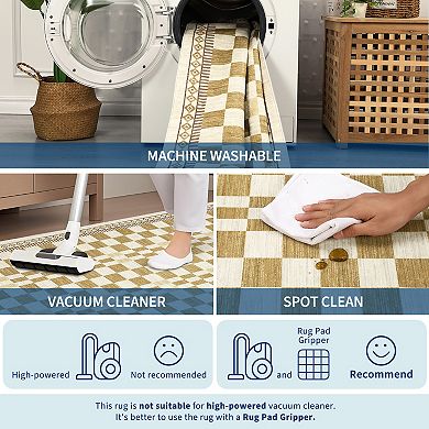 Checkered Machine Washable Rugs for Living Room Non Shedding Modern Geometric Indoor Carpet