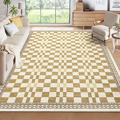 Checkered Machine Washable Rugs for Living Room Non Shedding Modern Geometric Indoor Carpet