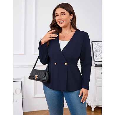 Plus Size Women's V-Neck Blazer 3/4 Sleeve Two-Button Tummy Control Slim Fit Suit Jacket