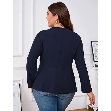 Plus Size Women's V-Neck Blazer 3/4 Sleeve Two-Button Tummy Control Slim Fit Suit Jacket