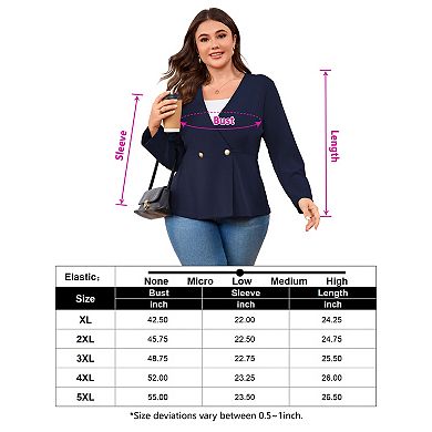 Plus Size Women's V-Neck Blazer 3/4 Sleeve Two-Button Tummy Control Slim Fit Suit Jacket