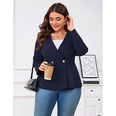 Plus Size Women's V-Neck Blazer 3/4 Sleeve Two-Button Tummy Control Slim Fit Suit Jacket
