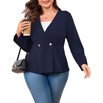 Plus Size Women's V-Neck Blazer 3/4 Sleeve Two-Button Tummy Control Slim Fit Suit Jacket