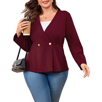 Plus Size Women's V-Neck Blazer 3/4 Sleeve Two-Button Tummy Control Slim Fit Suit Jacket