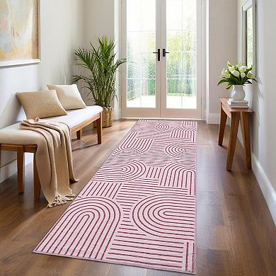 Modern Abstract Geometric Stripe Machine Washable Rug with Non Slip Rubber Backing