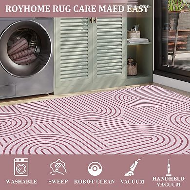 Modern Abstract Geometric Stripe Machine Washable Rug with Non Slip Rubber Backing