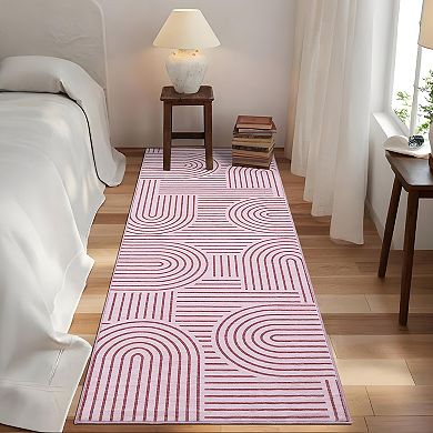 Modern Abstract Geometric Stripe Machine Washable Rug with Non Slip Rubber Backing
