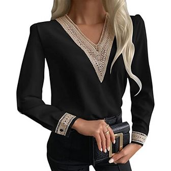 Womens Elegant Chiffon Blouse Ruffle Long Sleeve Pullover Fashion Shirt Lace Collar Casual Tops
