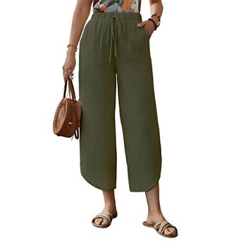 Womens Summer Cotton Linen Plain Palazzo Trousers Casual Loose Wide Leg Pants