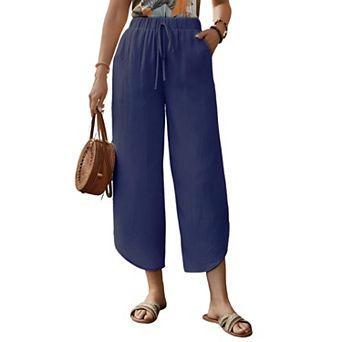 Womens Summer Cotton Linen Plain Palazzo Trousers Casual Loose Wide Leg Pants