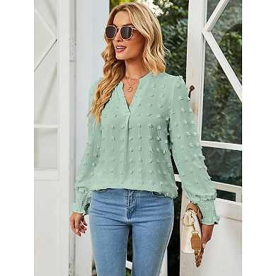 Women's Swiss Dot V Neck Long Sleeve Blouse Solid Casual Loose Chiffon Blouse Top