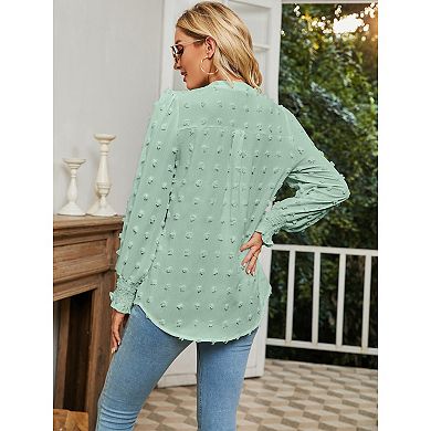 Women's Swiss Dot V Neck Long Sleeve Blouse Solid Casual Loose Chiffon Blouse Top
