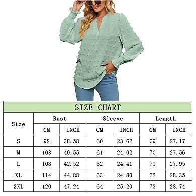 Women's Swiss Dot V Neck Long Sleeve Blouse Solid Casual Loose Chiffon Blouse Top