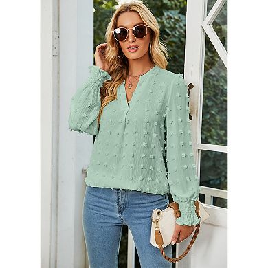 Women's Swiss Dot V Neck Long Sleeve Blouse Solid Casual Loose Chiffon Blouse Top