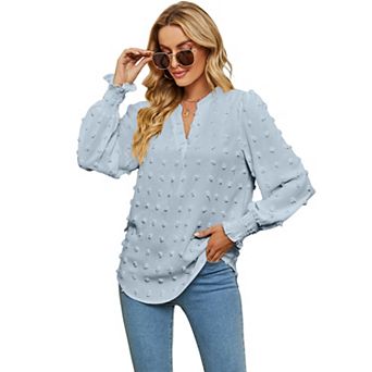 Women's Swiss Dot V Neck Long Sleeve Blouse Solid Casual Loose Chiffon Blouse Top