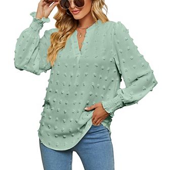 Women's Swiss Dot V Neck Long Sleeve Blouse Solid Casual Loose Chiffon Blouse Top