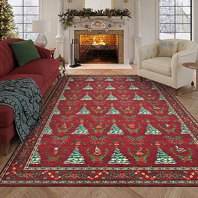 Machine Washable Christmas Tree Area Rugs Christmas Holiday Indoor Carpet with Non-Slip Backing