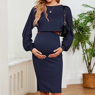 Maternity Crew Neck Lantern Sleeve Top with Adjustable Inner Waistband Skirt Set