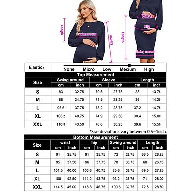 Maternity Crew Neck Lantern Sleeve Top with Adjustable Inner Waistband Skirt Set